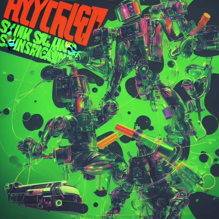 Image similar to hyperdetailed cyber fun 70's poster painting in a color style of 70's black poster art of chemical filled syringe spraying out green chemicals, epic scale ultrawide angle, 3D rendered, Vray rendered, octane render, unreal engine