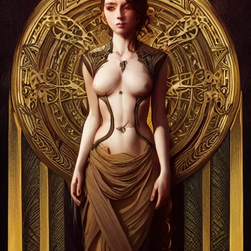 Image similar to full body portrait of a terrible beautiful girl, d & d, fantasy, intricate, elegant, highly detailed, digital painting, artstation, concept art, smooth, sharp focus, illustration, art by artgerm and greg rutkowski and alphonse mucha, symmetry, octane render, clean line