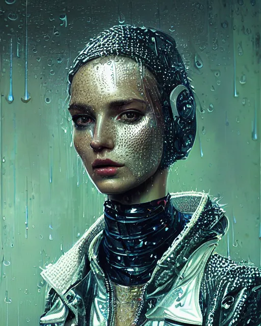 Prompt: detailed portrait European Pretty Modern Girl Dithering ditherpunk dither-punk Rain, Reflective jacket coat, Futuristic sci-fi fashion, royal attire by ismail inceoglu dragan bibin hans thoma greg rutkowski Alexandros Pyromallis Nekro Rene Margitte illustrated Perfect face, fine details, realistic shaded, fine-face, pretty face