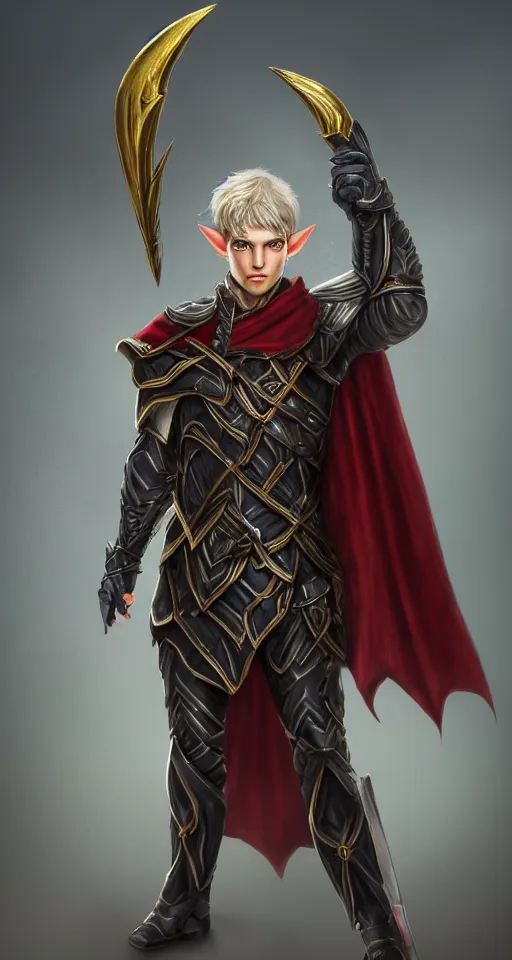 Prompt: A medium shot portrait of a male elf, he is about 20 years old, attractive, lean but muscular, serious composure, short silver hair, prideful look, he is wearing black heavy armor with gold plating and a red cape, highly detailed portrait, digital painting, ArtStation, concept art, smooth, sharp focus illustration, ArtStation HQ