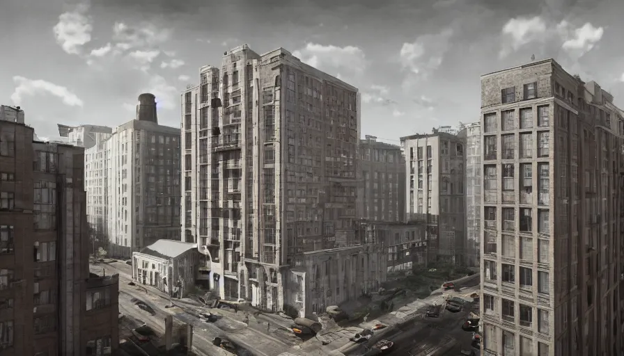 Prompt: american city, modern times, an apartment building, four stories high, with a huge water tank on the roof. the color of the picture is gray, and the painting style is realistic, hyper realism, realistic shading, cinematic composition, realistic render, octane render, detailed textures, photorealistic, wide shot