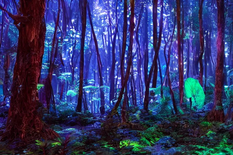 Prompt: scene still of avatar variety bioluminescent forest at night. 4 k cinematic cg weta weta weta color grading lut balance perfect lighting