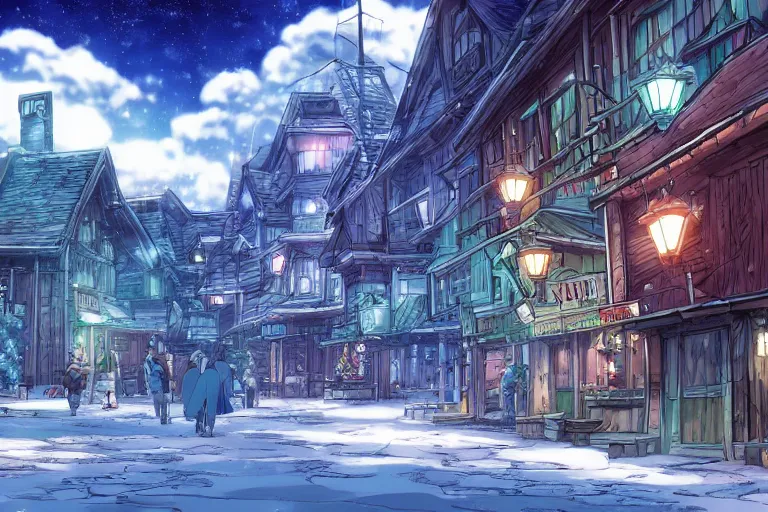 Prompt: cell shaded anime key visual of a fantasy city in the tundra, snowy, in the style of studio ghibli, moebius, makoto shinkai, dramatic lighting