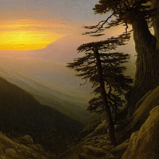 Prompt: a wanderer looking down from the peak of a mountain, distant valley, trees, sunset, dramatic light, oil painting, by caspar david friedrich