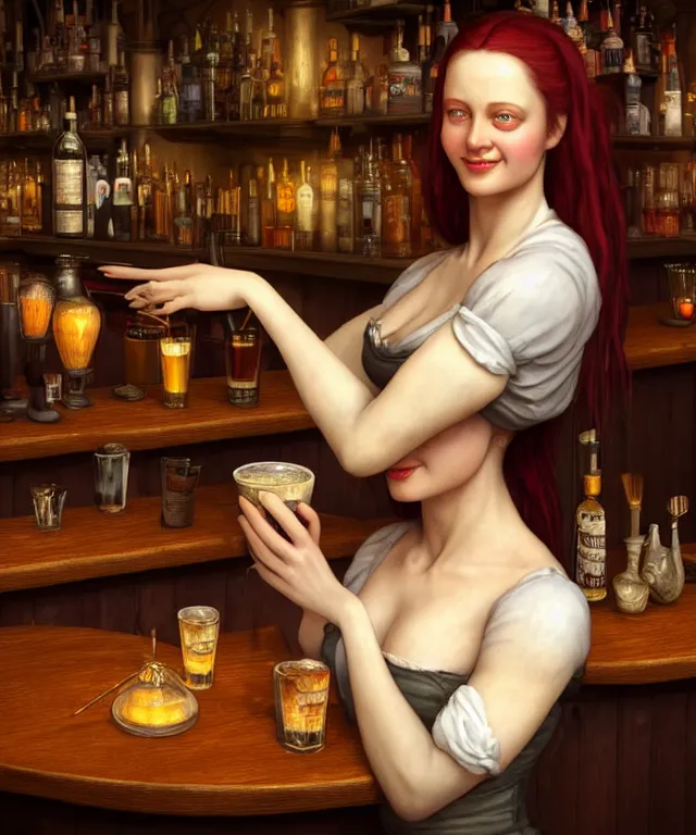 Prompt: hyperrealistic mixed media painting of a beautiful smiling charismatic barmaid, dimly lit cozy tavern, relaxed pose, serving customers at bar, medieval period, stunning 3d render inspired art by Gerald Brom and Anna Dittmann + perfect facial symmetry + dim volumetric lighting, 8k octane beautifully detailed render, post-processing, extremely hyperdetailed, intricate, epic composition, grim yet sparkling atmosphere, cinematic lighting + masterpiece, trending on artstation, very very detailed, masterpiece, stunning