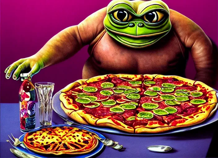 Prompt: hyper realistic detailed image of a heavy tattooed pepe the frog in punk clothes in mid 7 0 s italian restaurant eating pepperoni pizza with grilled rainbow and drinking doom juice, by ayami kojima, amano, beeple, greg hildebrandt, and mark brooks, mystical, renaissance color palette, cinematic light, long cinematic shot, extremely detailed, very coherent symmetrical artwork