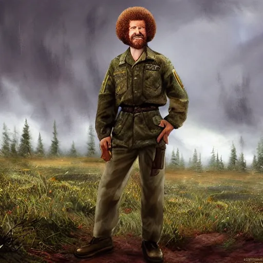Prompt: bob ross in military fatigues, on the battlefield, ultra realistic