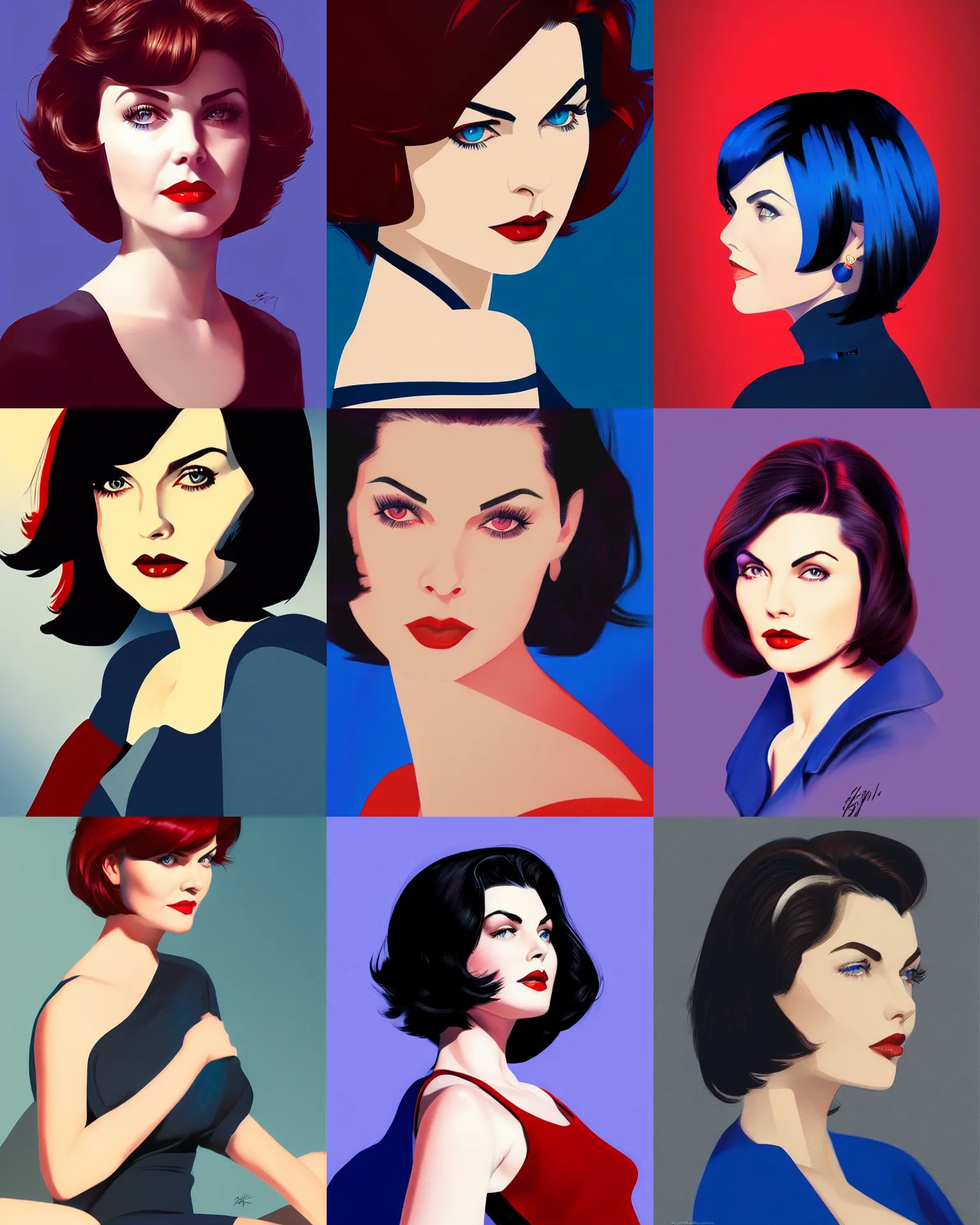 Prompt: sherilyn fenn 2 2 years old, bob haircut, portrait by stanley artgerm, dramatic lighting, ilya kuvshinov, trending on artstation, flat colour, geometric curves, gradient filter, red and blue back light