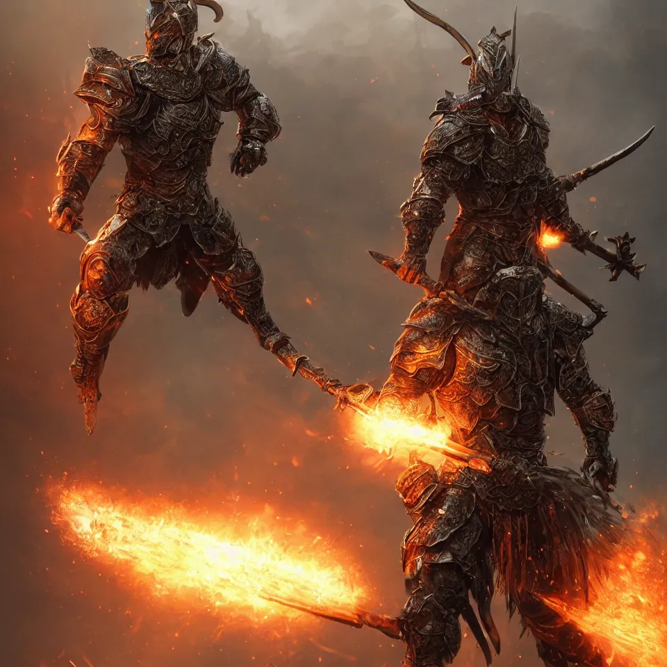 Prompt: photo full-body-shot of ONE brutal Warrior, wearing intricate steel armor, sharp focus, holding magical fiery battle-axe, magical aura, heroic pose, fantasy style, octane render, volumetric lighting, 8k high definition, by greg rutkowski, highly detailed, trending on ArtStation, magical Battlefield background, centered