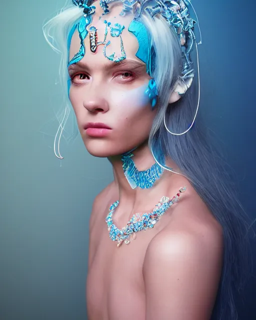 Prompt: natural light, soft focus portrait of a android with soft synthetic pink skin, blue bioluminescent plastics, smooth shiny metal, elaborate diamond ornate head piece, piercings, face tattoo, skin textures, by annie liebovotz, paul lehr,