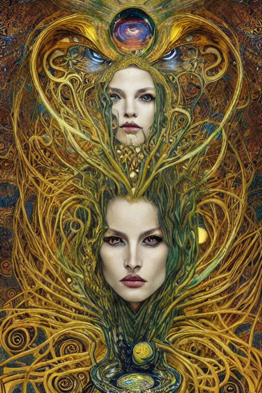 Image similar to Rebirth by Karol Bak, Jean Deville, Gustav Klimt, and Vincent Van Gogh, portrait of a sacred serpent, Surreality, radiant halo, shed iridescent snakeskin, otherworldly, fractal structures, celestial dreamscape, arcane, ornate gilded medieval icon, third eye, spirals