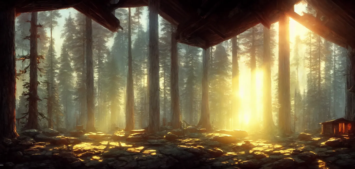 Prompt: concept art of an inside of a cabin in the woods closeup, cinematic view, epic sunny sky, detailed, concept art, high detail, warm lighting, volumetric, godrays, vivid, beautiful, trending on artstation, by jordan grimmer, huge scene, art greg rutkowski