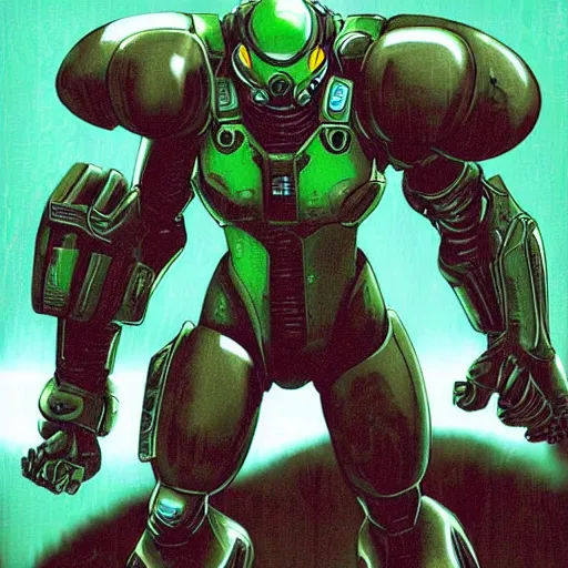 Prompt: Doom guy resembling Samus, Metroid prime art style.