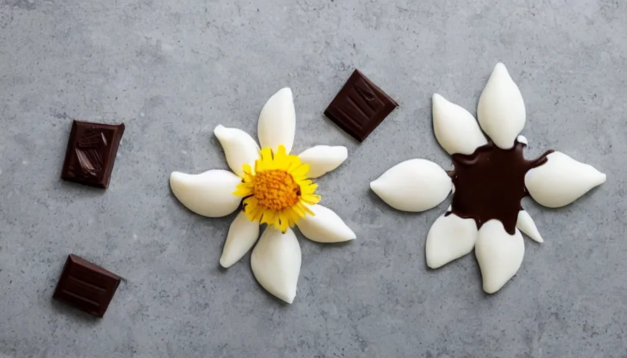 Prompt: a flower made of milk and chocolate milk on a white board