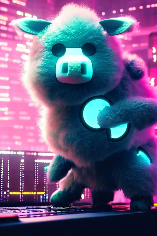 Image similar to high quality 3 d render very cute neuromancer fluffy! cyborg cow playing! keyboard!!, highly detailed, unreal engine cinematic smooth, in the style of blade runner & detective pikachu, hannah yata charlie immer, moody light, low angle, uhd 8 k, sharp focus