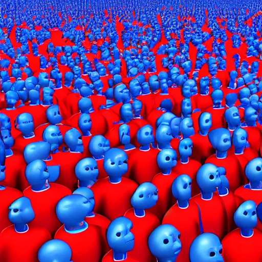 Prompt: a red person inside a giant herd of blue people, pixar graphics quality