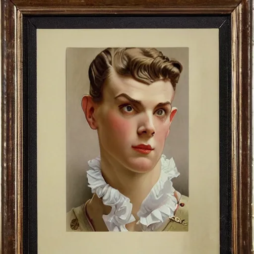 Image similar to Painting of lucius as a French maid, blond drill curls, androgynous prince, pale porcelain skin, by Leyendecker and Norman Rockwell