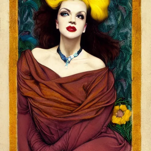 Prompt: portrait of a hybrid of judy garland and lady gaga, brown fringe, large full hollywood lips, large downslanted eyes, reclining cool stylish, yellow ochre ornate medieval dress, john william waterhouse, kilian eng, rosetti, john everett millais, william holman hunt, william morris, 4 k