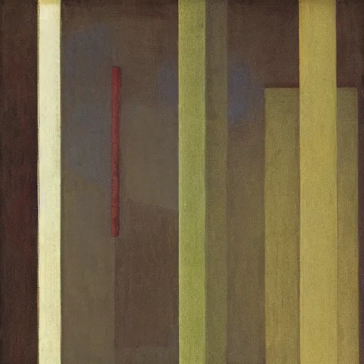 Image similar to This experimental art is composed of two rectangles of different sizes and colors, separated by a thin line. The bottom rectangle is larger and warmer in color. The top rectangle is smaller and lighter in color. The line that separates the rectangles creates a sense of tension and balance. A deep background provides a sense of depth and space. by Eastman Johnson, by Arthur Dove saturated