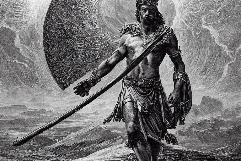 Image similar to highly detailed and cinematic romantic, edge of the universe, the great greek warrior with a spear, symmetrical face, magical, greek myth, masterpiece, from the book of the long sun by gene wolfe, highly detailed painting by gustave dore