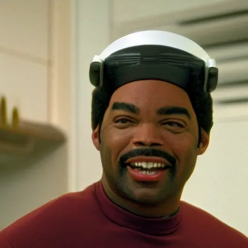 Image similar to Geordi LaForge wearing visor and a colander and random kitchen tools on his head