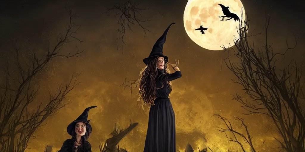 Prompt: illustration of a Witch in front of the full big moon, realistic painting, high definition, digital art, matte painting, very detailed, realistic
