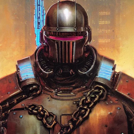 Image similar to the doomslayer as a cyberpunk knight, closeup portrait art by norman rockwell and donato giancola and greg rutkowski