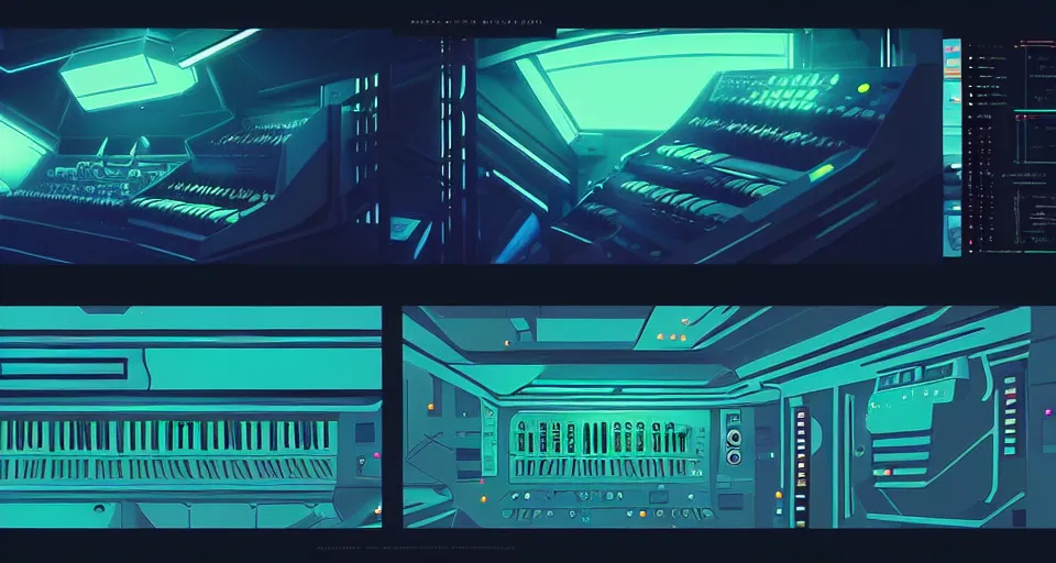 Image similar to a design layout of amazing futuristic synthesizers, cinematic lighting, detailed, beautiful colors, by greg rutowski and studio ghibli