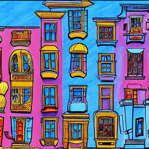 Image similar to a drawing of a house with a lot of windows, concept art by dr seuss, pixiv, maximalism, concept art, official art, maximalist