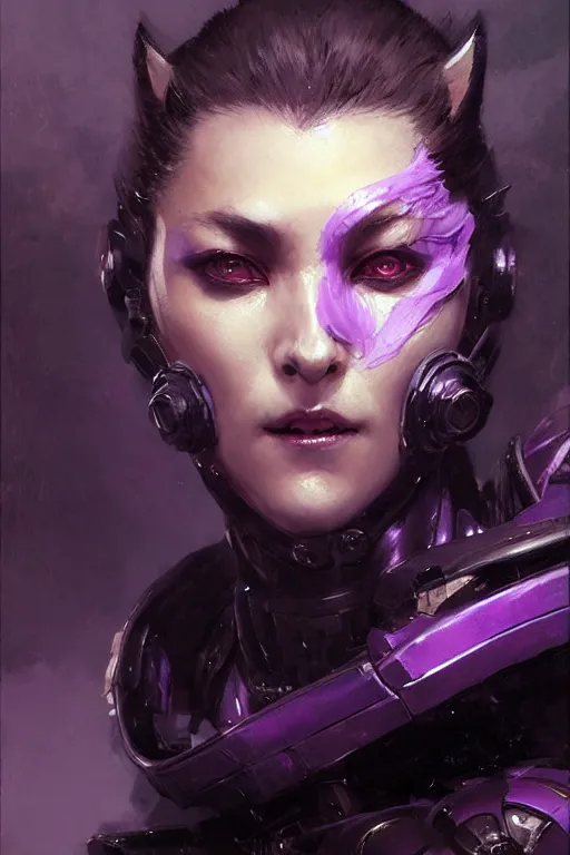 Prompt: extreme close up, facial portrait, woman with a long black ponytail in purple sci - fi armor, wearing a kitsune mask, mechanical shoulder pads, striking pose, portrait dnd, painting by gaston bussiere, craig mullins, greg rutkowski, yoji shinkawa