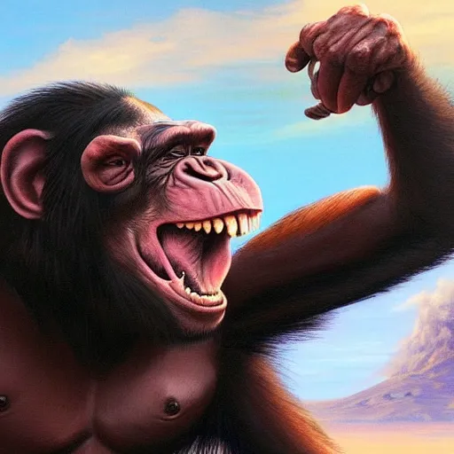 Image similar to Strong Angry Chimpanzee Screaming, Boris Vallejo, Epic, 8k resolution, ArtStation, Hyperrealistic