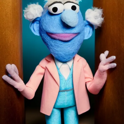 Image similar to rick sanchez as a muppet with peach skin, blue hair wearing a white lab coat. highly detailed felt. hyper real photo. 4 k.