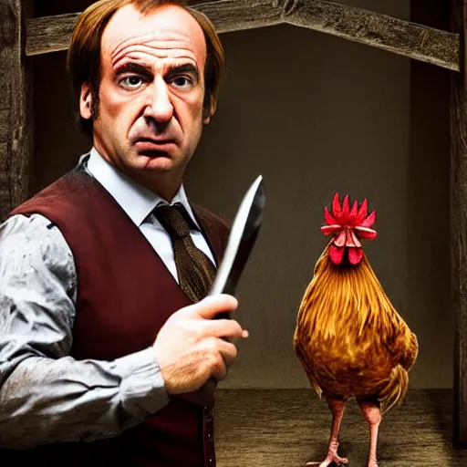 Image similar to saul goodman and a rooster in a medieval torture chamber, saw blades and knives in the background, horror movie, saul goodman, rooster, real life photo, detailed face