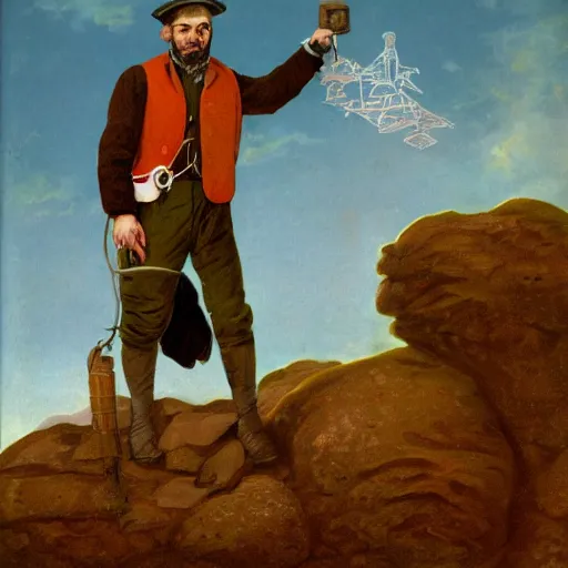 Prompt: 19th century scruffy american trapper, standing on top of boulder, overlooking martian landscape, pulp science fiction illustration