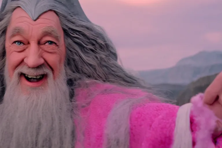 Prompt: portrait of Gandalf wearing pink Hello kitty costume, laughing maniacally, sunrise, movie still from Lord of the Rings, cinematic