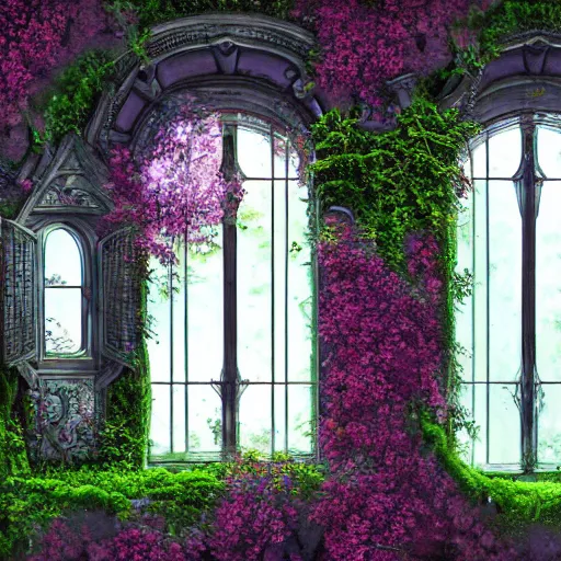 Image similar to an abandoned room overgrown with verdant ivy, an antique window surrounded by lush flowers cherry _ blossomherb, 8 k resolution detailed fantasy art, asymmetrical composition, anato finnstark marc simonetti lisa frank zbrush central gloomy midnight