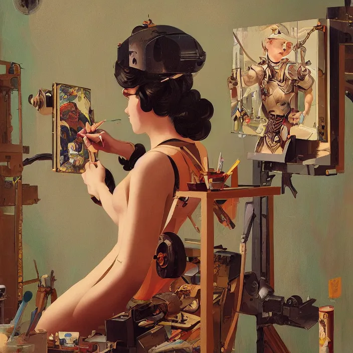 Image similar to robot artist painting a self - portrait on a canvas. intricate, highly detailed, digital matte painting, in the style of sachin teng, and in the style of hans thoma, and in the style of gil elvgren. irony, recursion, inspiration.