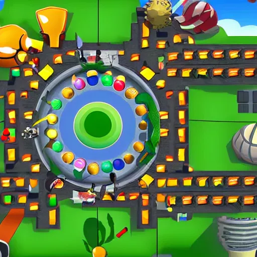 Prompt: pov from a bloon in bloons tower defense