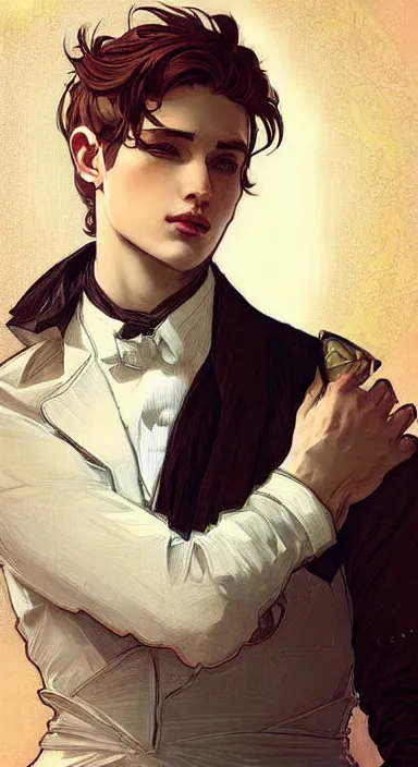 Image similar to Pretty catboy in his twenties wearing fancy clothes. Beautiful digital art by Greg Rutkowski and Alphonse Mucha