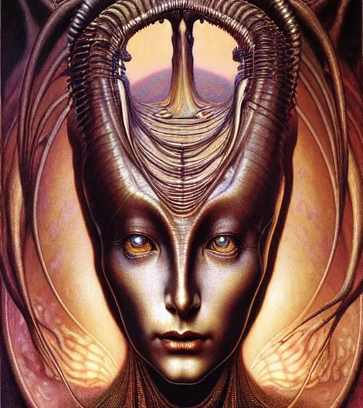 Image similar to detailed realistic beautiful young cher alien robot as queen of mars face portrait by jean delville, gustave dore and marco mazzoni, art nouveau, symbolist, visionary, baroque, concept. horizontal symmetry by zdzisław beksinski, iris van herpen, raymond swanland and alphonse mucha. highly detailed, hyper - real, beautiful