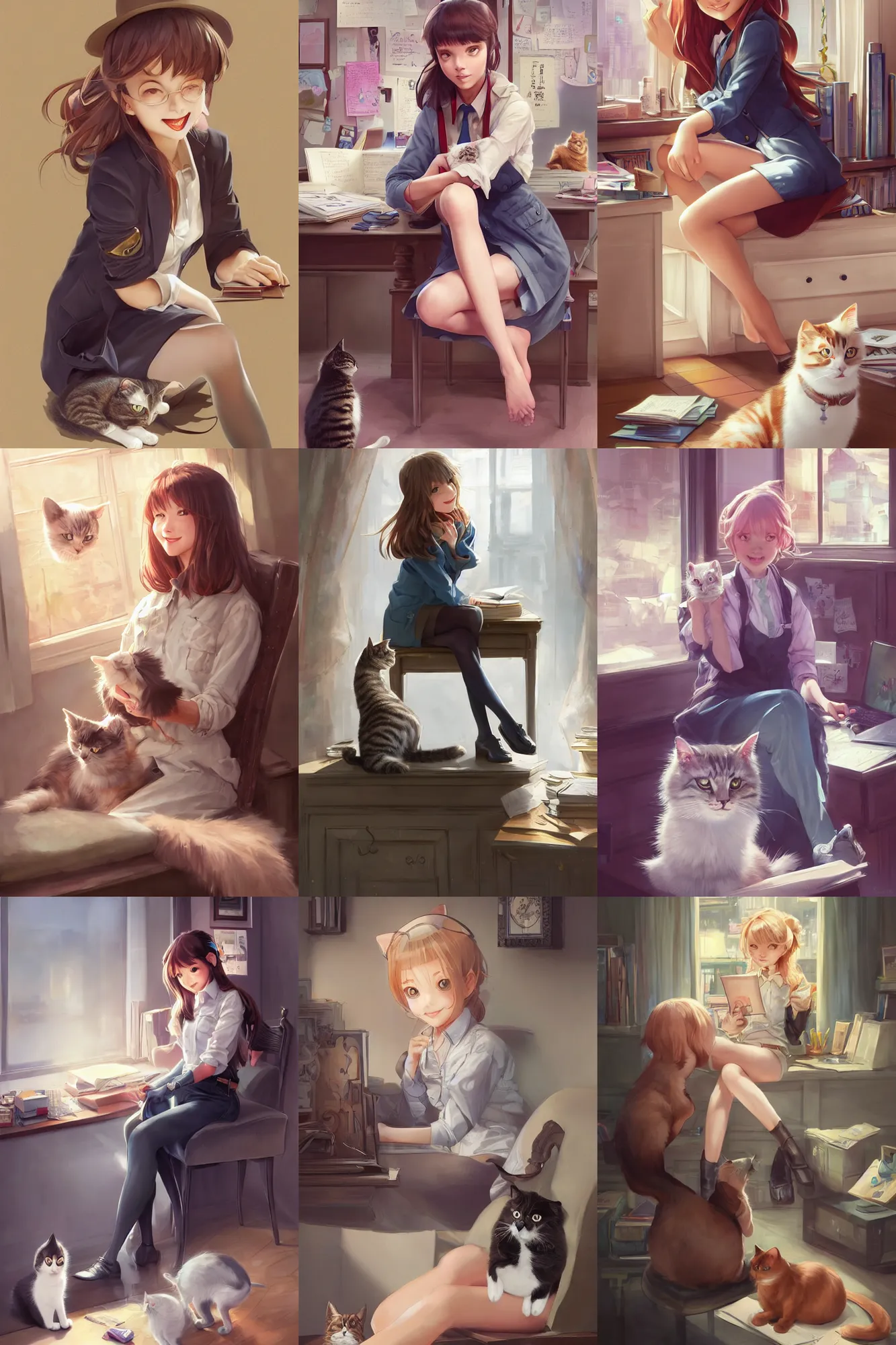 Image similar to a beautiful detective girl sitting in her office petting a cat in her lap | | cute - fine - subtle smile, face, pretty face, fine details by stanley artgerm lau, wlop, rossdraws, james jean, andrei riabovitchev, marc simonetti, and sakimichan, trending on artstation