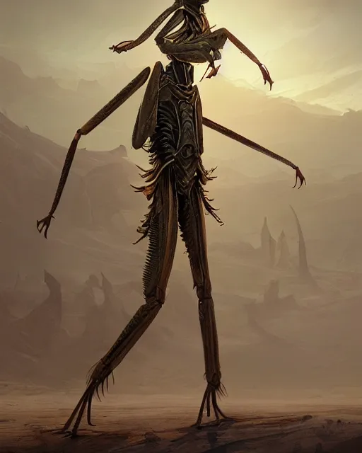 Prompt: A standing praying mantis warrior posing a a desert, rage, realistic face, full body, fantasy art, in the style of greg rutkowski, illustration, epic, fantasy, intricate, hyper detailed, artstation, concept art, smooth, sharp focus, ray tracing, vibrant