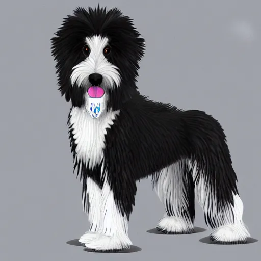 Image similar to robotic bearded collie that's a robot. digital art. fetch. arf.