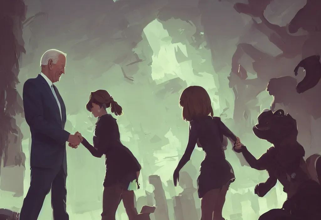 Image similar to joe biden shakes hands with catgirl, epic debates, presidental elections candidates, cnn, fox news, fantasy, by atey ghailan, by greg rutkowski, by greg tocchini, by james gilleard, by joe gb fenton, dynamic lighting, gradient light green, brown, blonde cream, salad and white colors in scheme, grunge aesthetic