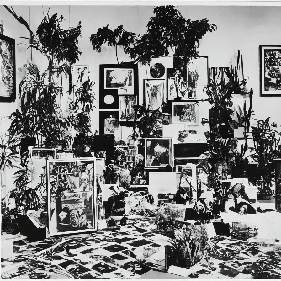 Image similar to A black and white photography of an exhibition space with objects of Sun Ra, Marcel Duchamp and tropical plants, 60s, offset lithography print, newspaper, distant shot