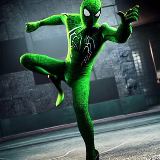 Image similar to green spider - man suit with black web lining, cinematic, volumetric lighting, realistic, hyperdetailed, photorealistic, photograph