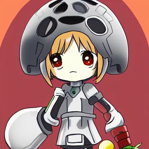 Image similar to cute android humanoid with tomato head and a carrot sword, made in abyss style