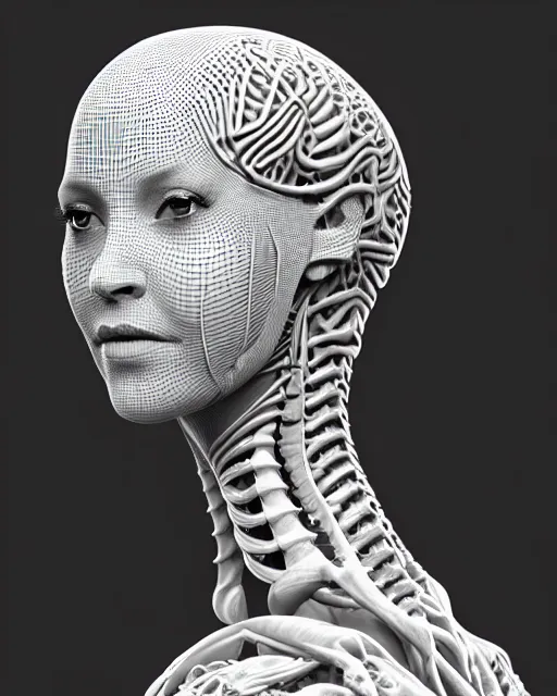 Image similar to a black and white 3D render of a young beautiful female queen-dragon-cyborg bust with a very long neck and Mandelbrot fractal face, Mandelbrot fractal skin, flesh, anatomical, facial muscles, veins, arteries, elegant, highly detailed, flesh highly baroque ornate, hair are cable wires, elegant, high fashion, rim light, octane render, in the style of H.R. Giger, Realistic, Refined, Digital Art, Highly Detailed, Cinematic Lighting, rim light, black and white, photo-realistic, 8K