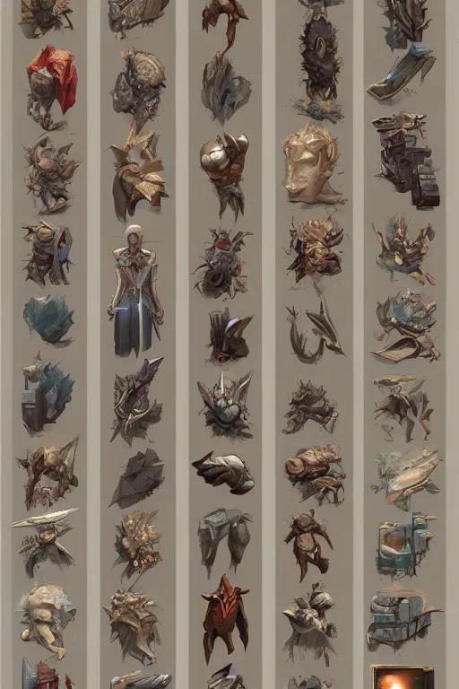 Prompt: 2x2 item concept art showcase grid on flat background of legendary artifact by artgerm and Craig Mullins, James Jean, Andrey Ryabovichev, Mark Simonetti and Peter Morbacher 16k