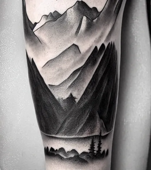 Image similar to a beautiful woman against a background of beautiful mountains and nature, realism tattoo design, in the style of den yakovlev, black and white, hyper realistic, highly detailed